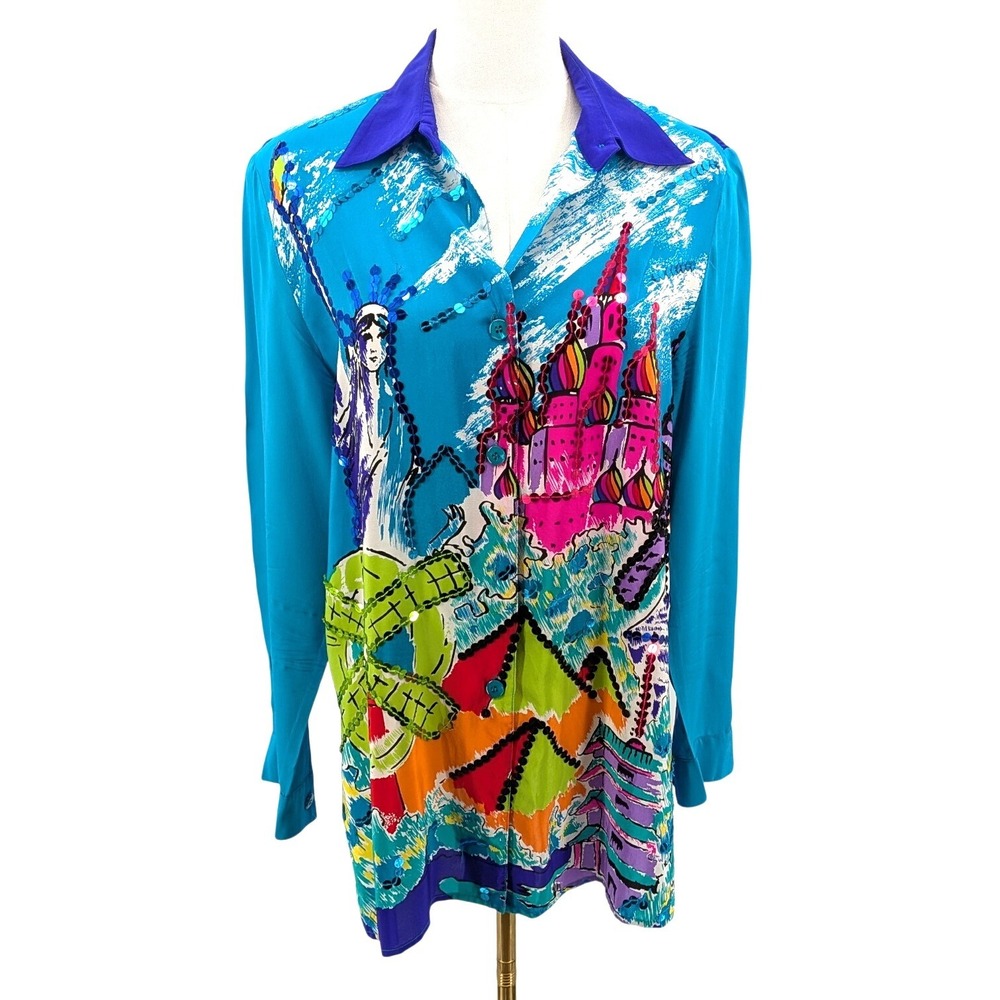 Vintage Diane Gilman Silk Sequin Travel Landmark Art Blouse Shirt 90s S